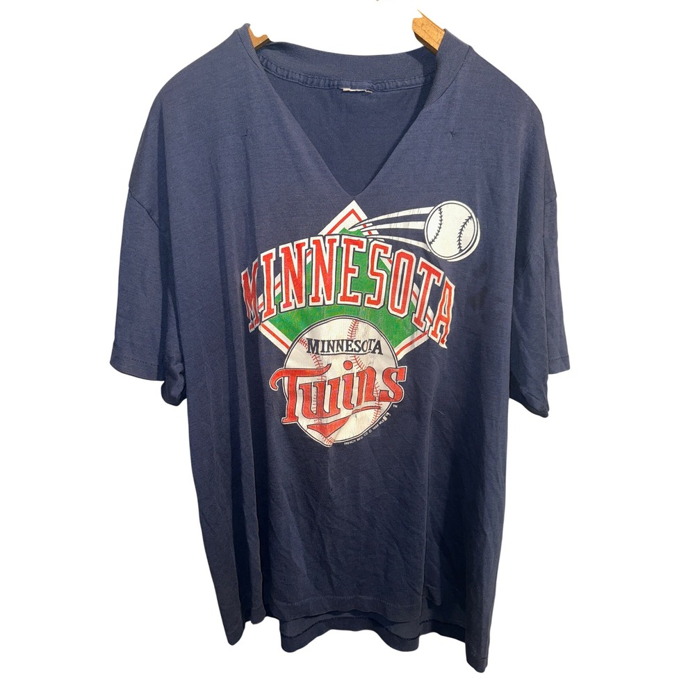 Vintage 1988 Minnesota Twins MLB T-Shirt Trench Mfg Navy Blue V-Neck Tee XL